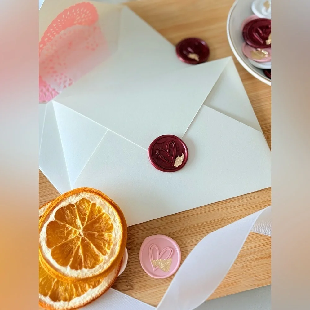 22k Gold Leaf Handmade Heart Wax Seals Wedding Invite Peel & Stick | 25 pack